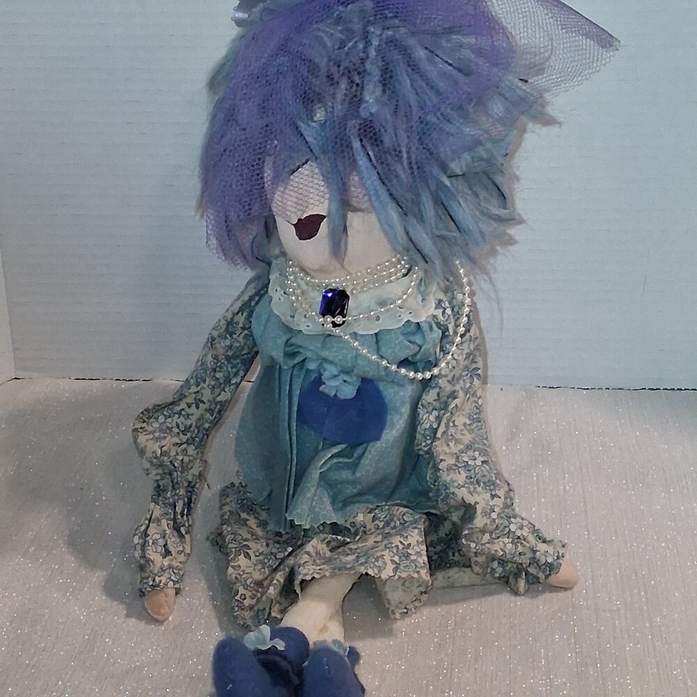 Handmade Blue hair shelf sitter Halloween fancy Witch primitive rustic doll
